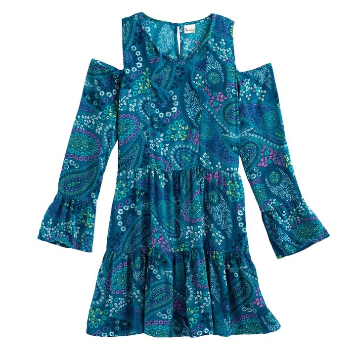 Girls Plus Size Mudd&reg; Cold-shoulder Bell Sleeve Patterned Dress, Size: 18 1/2, Turquoise/blue (turq/aqua)