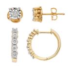 18k Gold Over Silver 1/10 Carat T.w. Diamond Hoop & Stud Earring Set, Women's, White