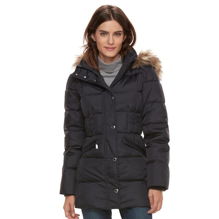 Women's Tower By London Fog Hooded Faux-fur Trim Puffer Jacket, Size: Small, Blue (navy)