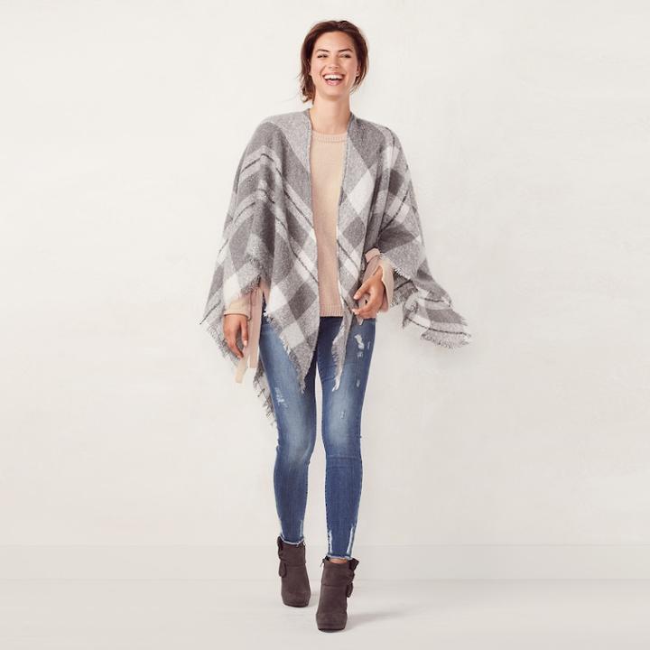 Lc Lauren Conrad Plaid Boucle Kite Ruana, Women's, Silver