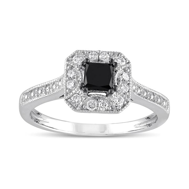 Lovemark 10k White Gold 1/2 Carat T.w. Black & White Diamond Halo Engagement Ring, Women's, Size: 7