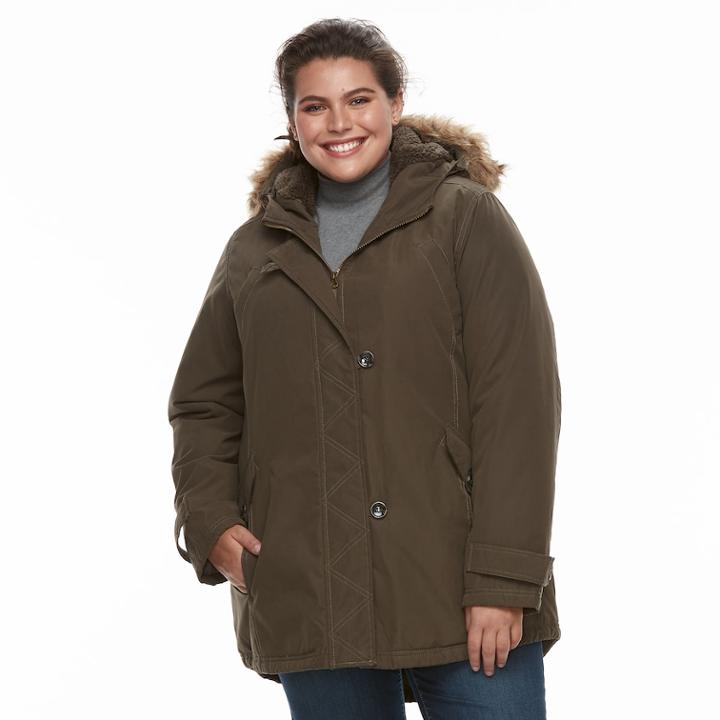 Plus Size Kc Collections Hooded Faux-fur Trim Microfiber Jacket, Women's, Size: 1xl, Green