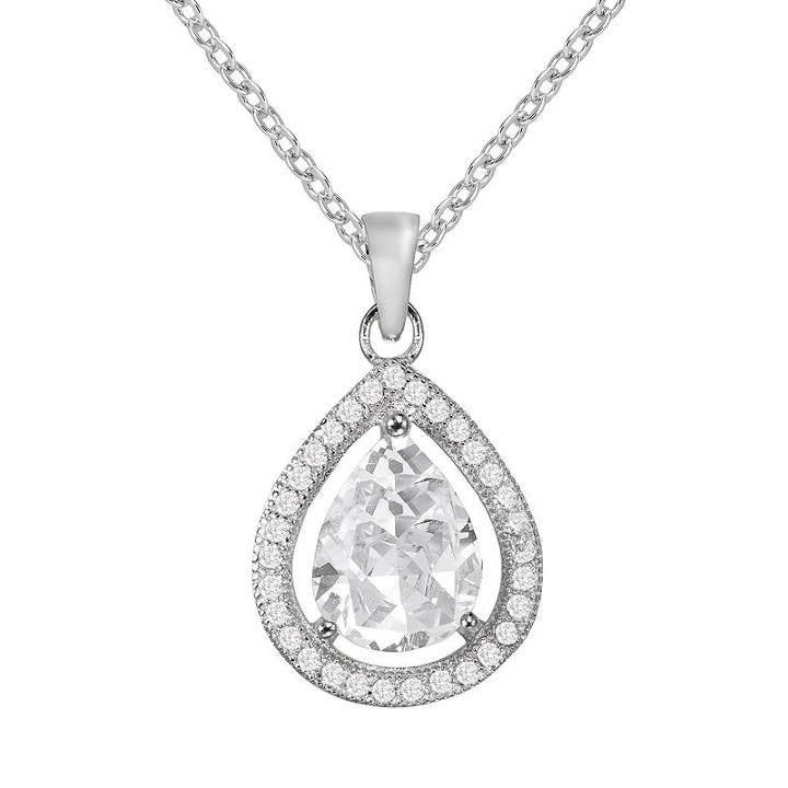 The Silver Lining Silver Plated Cubic Zirconia Teardrop Halo Pendant, Women's, White
