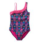 Girls Plus Size So&reg; Asymmetrical Tribal Printed One-piece Swimsuit, Size: 8 1/2, Blue