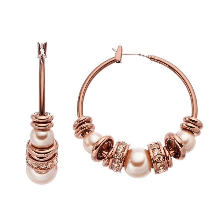 Simply Vera Vera Wang Rose Gold-tone Beaded Hoop Earrings, Women's, Beige Oth