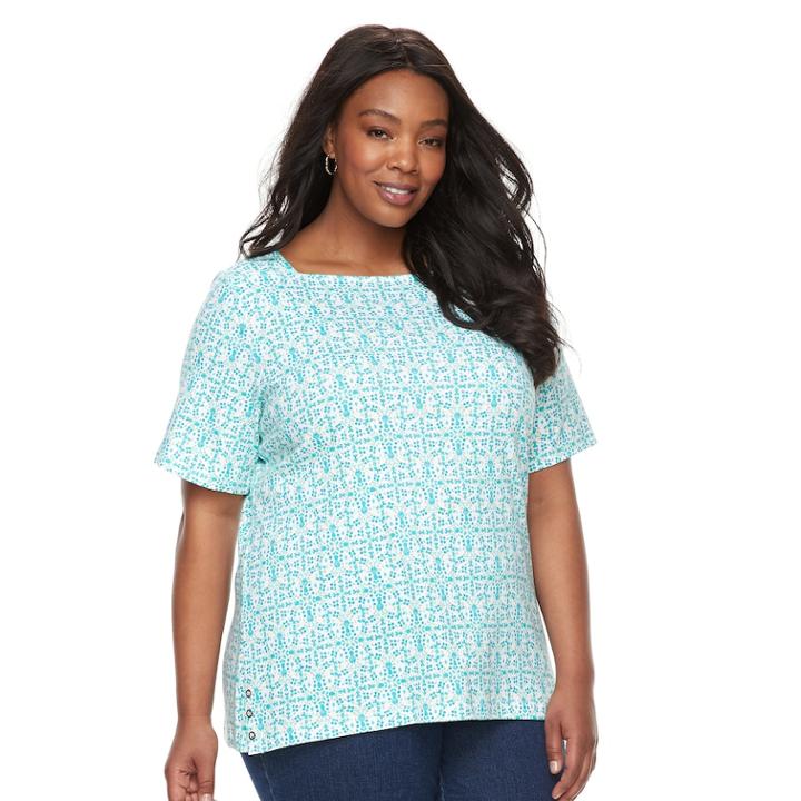 Plus Size Croft & Barrow&reg; Print Button-hem Squareneck Top, Women's, Size: 3xl, Med Blue
