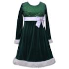 Girls 4-6x Jessica Ann Long Sleeve Sparkle Velvet Dress, Size: 6x, Green