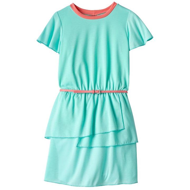 Girls 7-16 Three Pink Hearts Solid Tiered Ringer Dress With Belt, Girl's, Size: 8, Lt Green