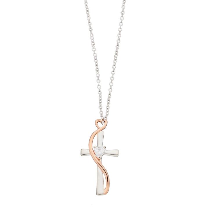 Silver Expressions By Larocks Two Tone Cubic Zirconia Cross Pendant Necklace, Women's, White