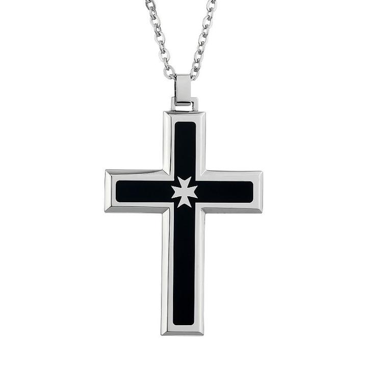 Lynx Two Tone Stainless Steel Cross Pendant Necklace - Men, Size: 22, Black