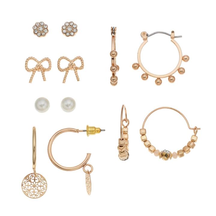Mudd&reg; Bow, Button & Beaded Hoop Nickel Free Earring Set, Women's, Gold