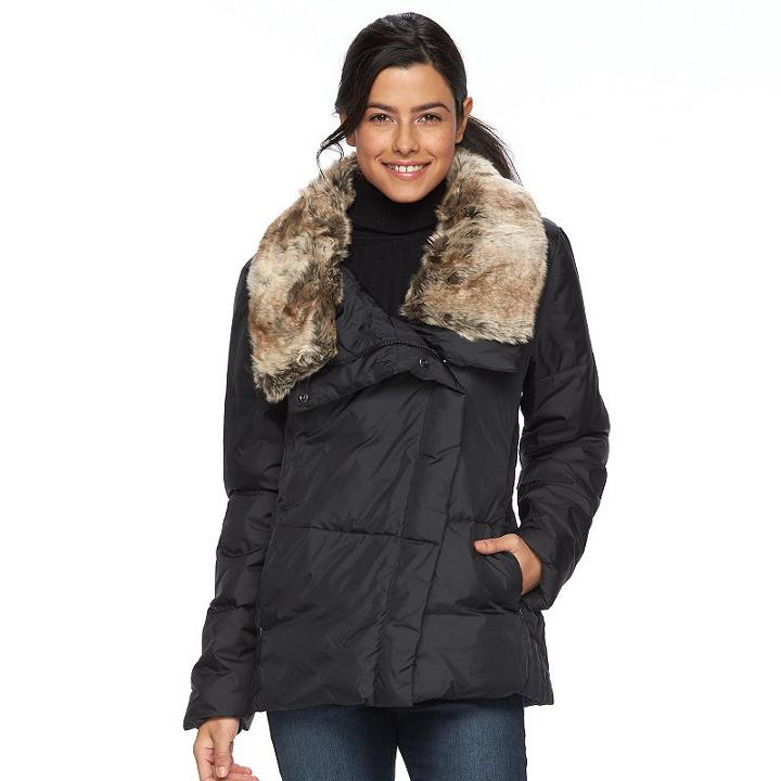 Women's Hemisphere Faux-fur Collar Down Jacket, Size: Xl, Black