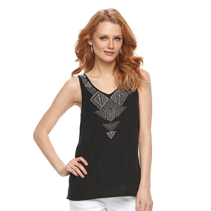 Women's Apt. 9&reg; Geometric Embroidered Tank, Size: Medium, Black