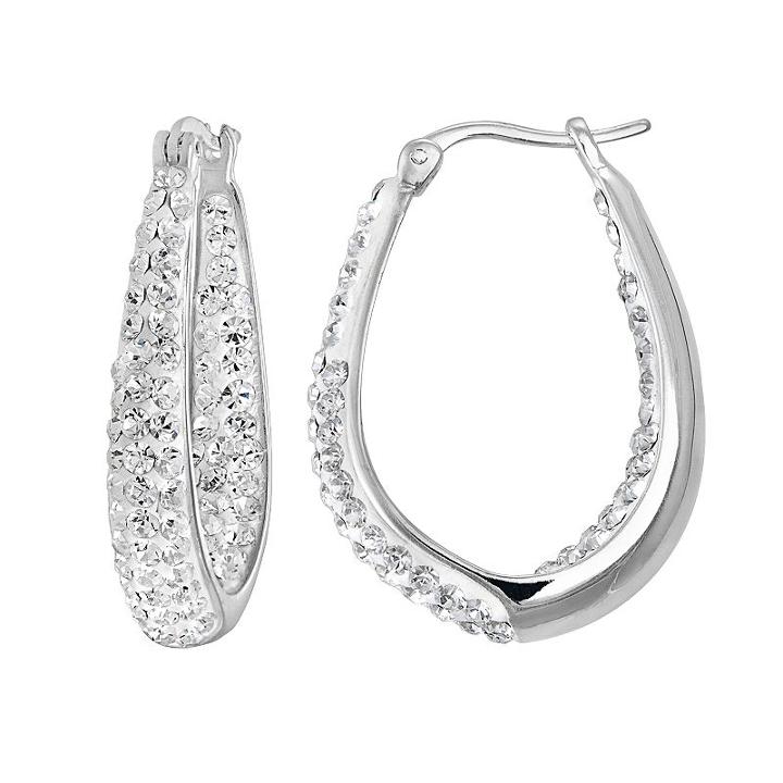 Silver Radiance Crystal Silver-plated Inside-out Oval Hoop Earrings, Women's, White