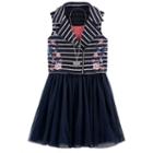 Girls 7-16 Knitworks Embroidered Flower Striped Moto Vest & Skater Dress Set With Necklace, Girl's, Size: 14, Blue (navy)