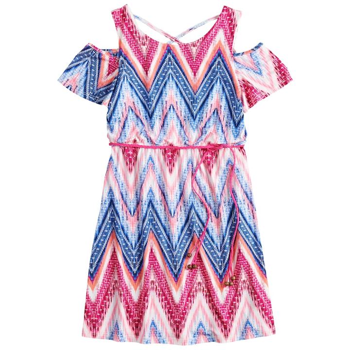 Girls 7-16 Three Pink Hearts Printed Cold-shoulder Dress, Size: 10, Dark Blue