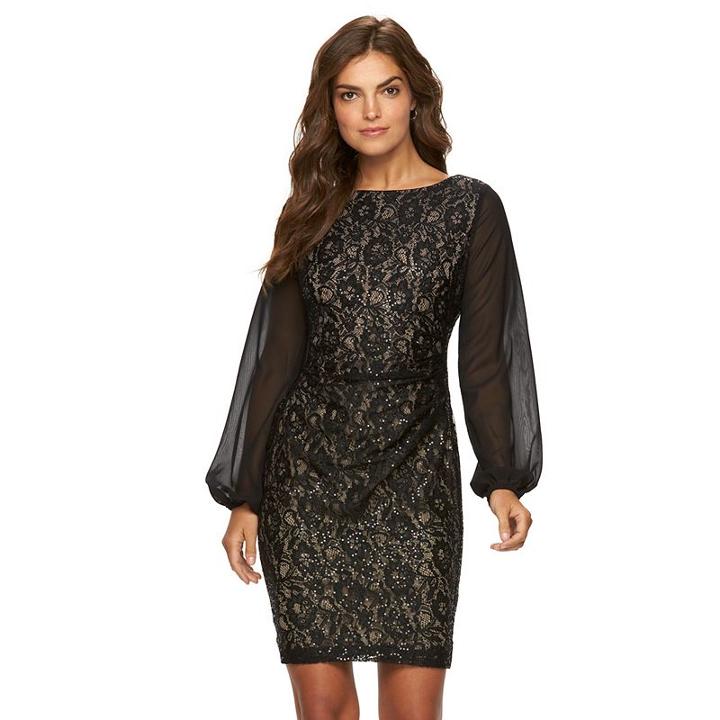 Women's Chaps Lace Sequin Sheath Evening Dress, Size: 12, Black