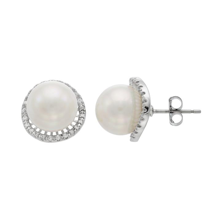 Starlight Silver Plated Simulated Pearl & Cubic Zirconia Halo Stud Earrings, Women's, White