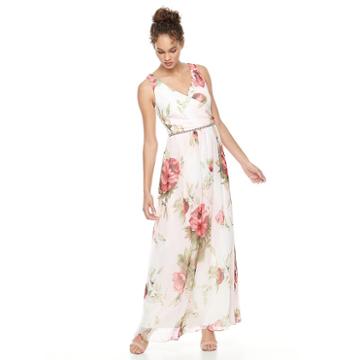 Women's Expo Floral Faux-wrap Evening Gown, Size: 14, Natural