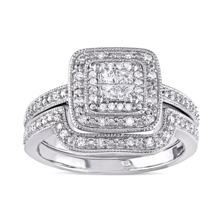 Stella Grace Sterling Silver 1/6 Carat T.w. Diamond Square Halo Engagement Ring Set, Women's, Size: 7, White