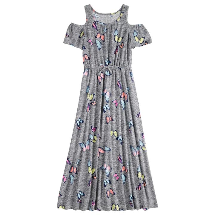 Girls 7-16 & Plus Size Cold-shoulder Printed Maxi Dress, Size: 14 1/2, Light Grey
