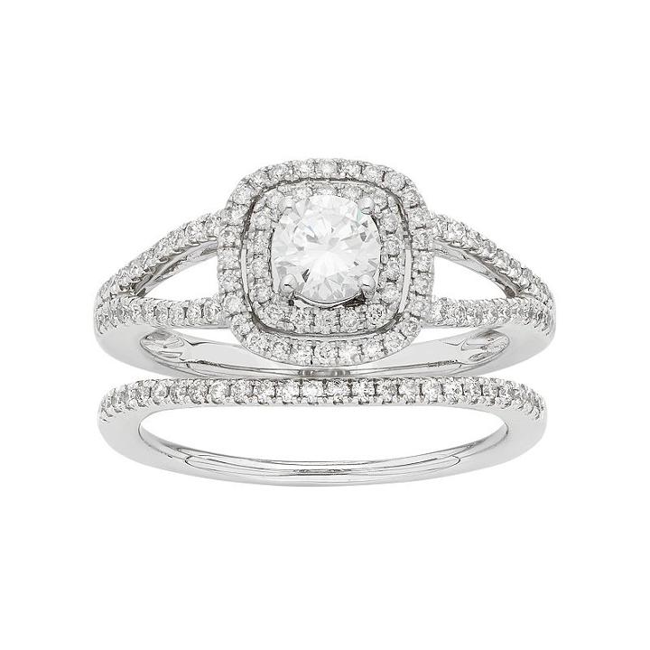 14k White Gold 1 Carat T.w. Igl Certified Diamond Square Halo Engagement Ring Set, Women's, Size: 10