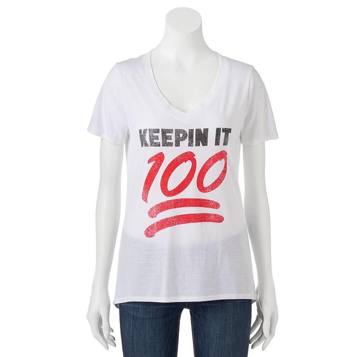 Juniors' Keepin It 100 Graphic Tee, Girl's, Size: Medium, White