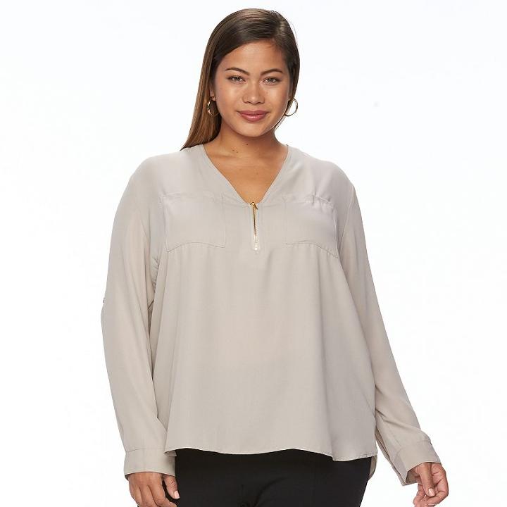 Plus Size Harve Benard High-low Zipper V-neck Pocket Top, Women's, Size: 2xl, Med Beige