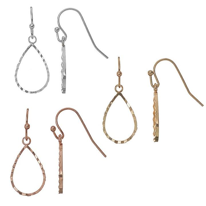 Tri Tone Textured Teardrop Earring Set, Women's, Multicolor