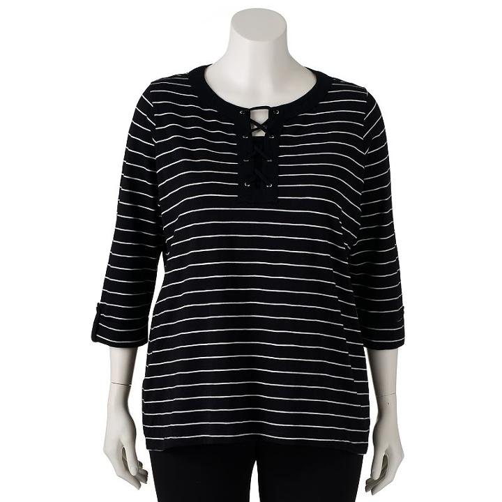Plus Size Croft & Barrow&reg; Lace-up Roll-tab Tee, Women's, Size: 1xl, Black