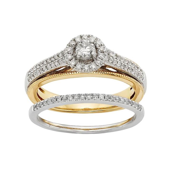 Diamond Halo Engagement Ring Set In 10k Yellow And White Gold (1/2 Carat T.w.), Women's, Size: 7.50