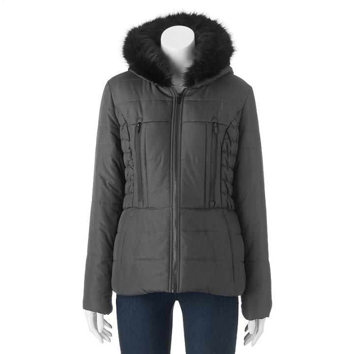 Juniors' Pink Envelope Faux-fur Puffer Jacket, Girl's, Size: Large, Med Grey