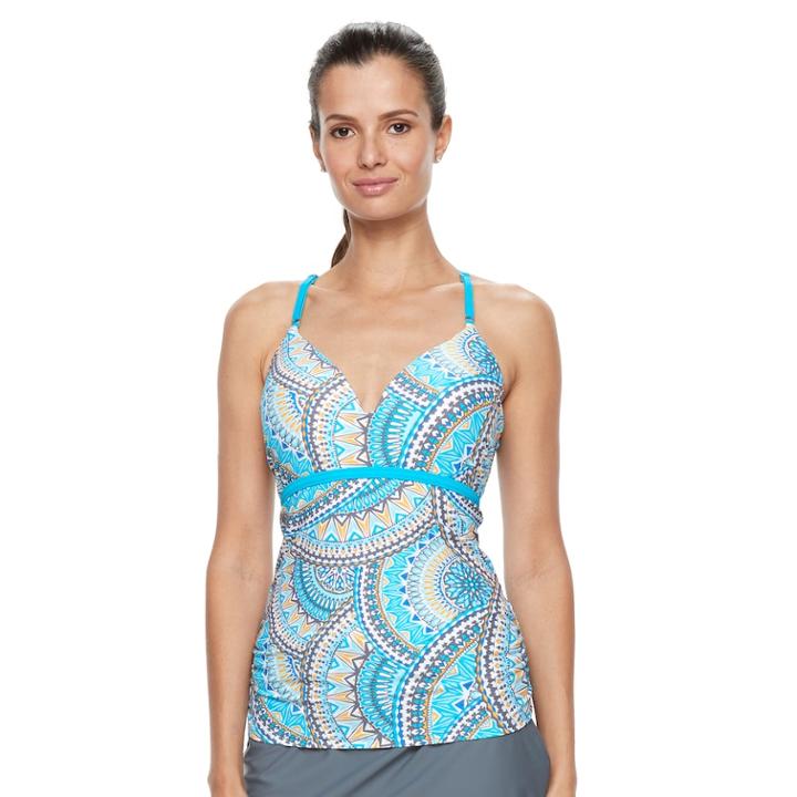 Women's Free Country Bust Enhancer Underwire Mosaic Tankini Top, Size: Large, Med Blue
