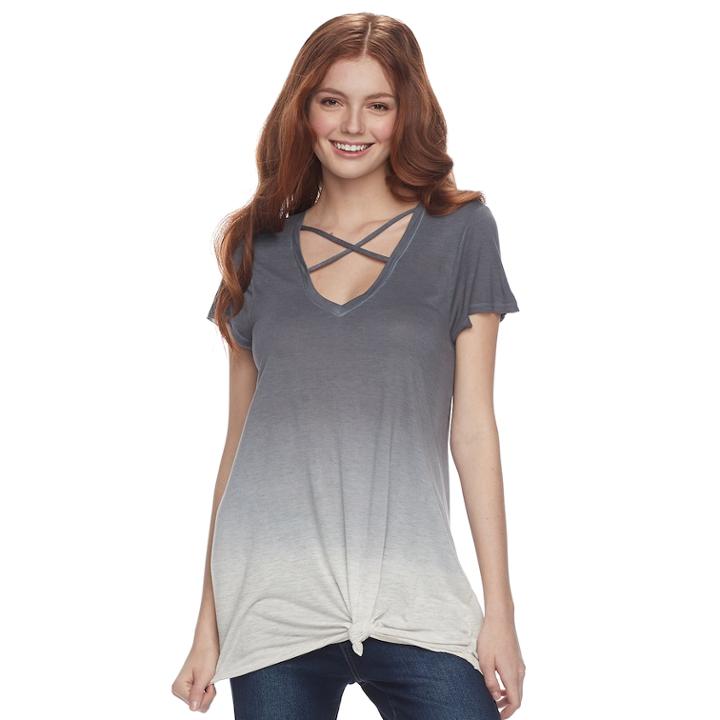 Juniors' Miss Chievous Cross Front Dip Dye Tee, Teens, Size: Medium, Grey