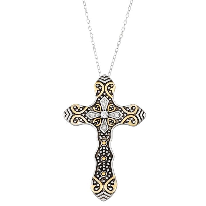 Two Tone Sterling Silver Cubic Zirconia Bali Cross Pendant, Women's, Size: 18