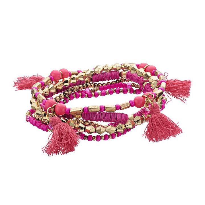 Pink Disc Beaded Tassel Stretch Bracelet Set, Women's, Med Pink