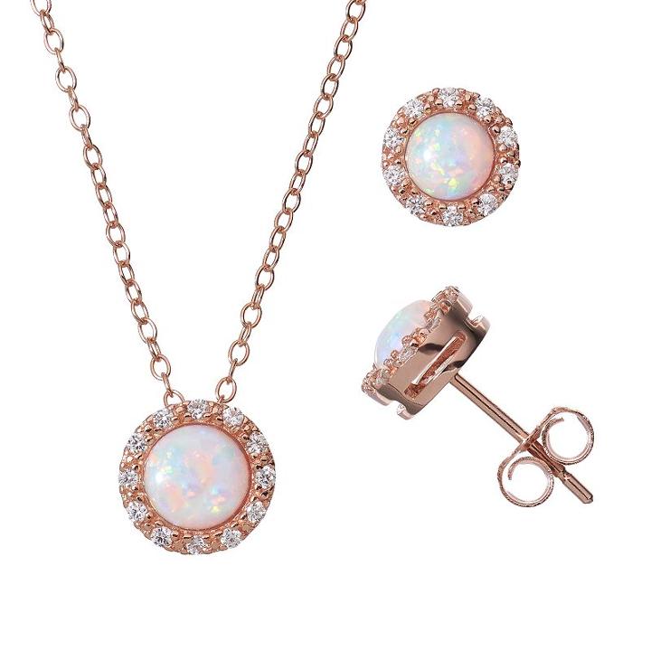 Lab-created Opal & Cubic Zirconia 18k Rose Gold Over Silver Halo Pendant Necklace & Stud Earring Set, Women's, White