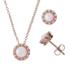 Lab-created Opal & Cubic Zirconia 18k Rose Gold Over Silver Halo Pendant Necklace & Stud Earring Set, Women's, White