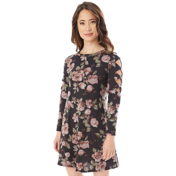 Juniors' Iz Byer Cutout Sleeve Floral Sweaterdress, Teens, Size: Small, Black Pink Floral