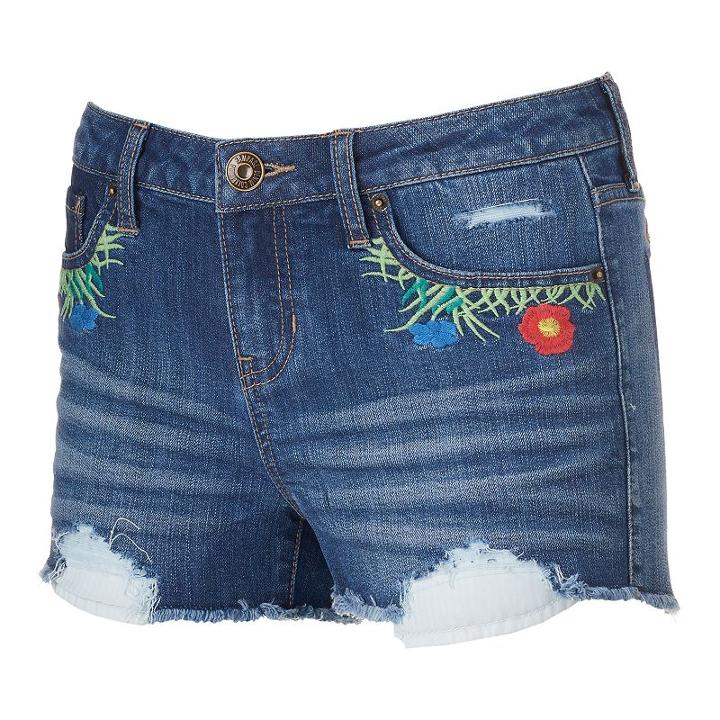 Juniors' Rampage Sophie Flower Child Denim Shortie Shorts, Girl's, Size: 5, Blue