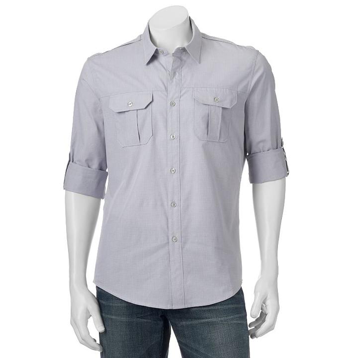 Men's Apt. 9&reg; Modern-fit Solid Roll-tab Casual Button-down Shirt, Size: Large, Med Grey