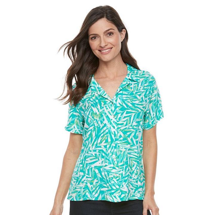 Women's Caribbean Joe Palm Leaf Button Front Camp Shirt, Size: Medium, Turquoise/blue (turq/aqua)