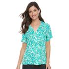 Women's Caribbean Joe Palm Leaf Button Front Camp Shirt, Size: Medium, Turquoise/blue (turq/aqua)