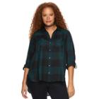 Plus Size Rock & Republic&reg; Plaid Roll-tab Shirt, Women's, Size: 1xl, Green