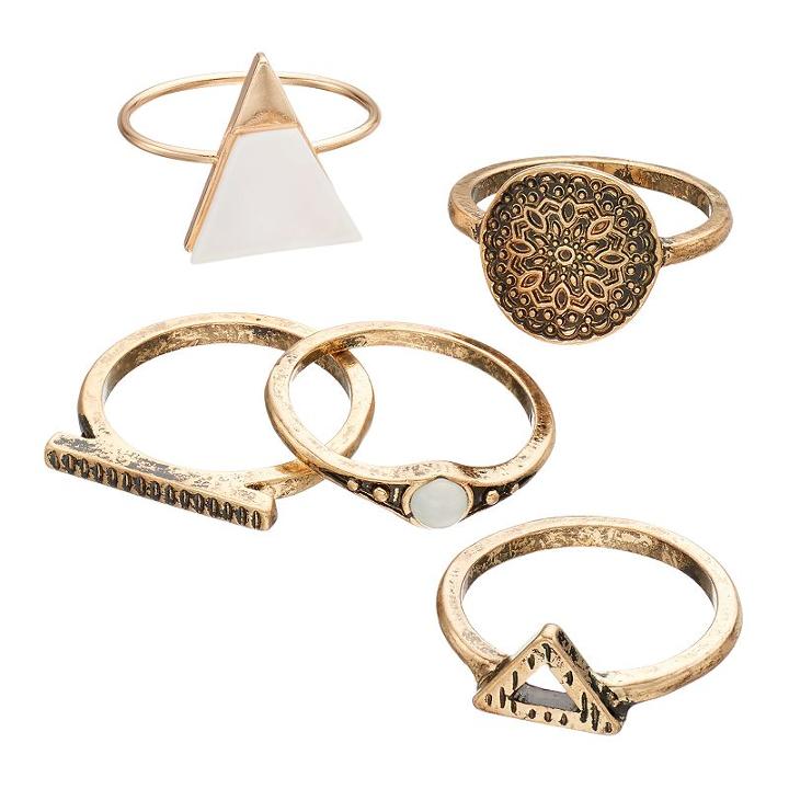 Antiqued Triangle, Medallion & Bar Ring Set, Women's, Size: 7, Gold