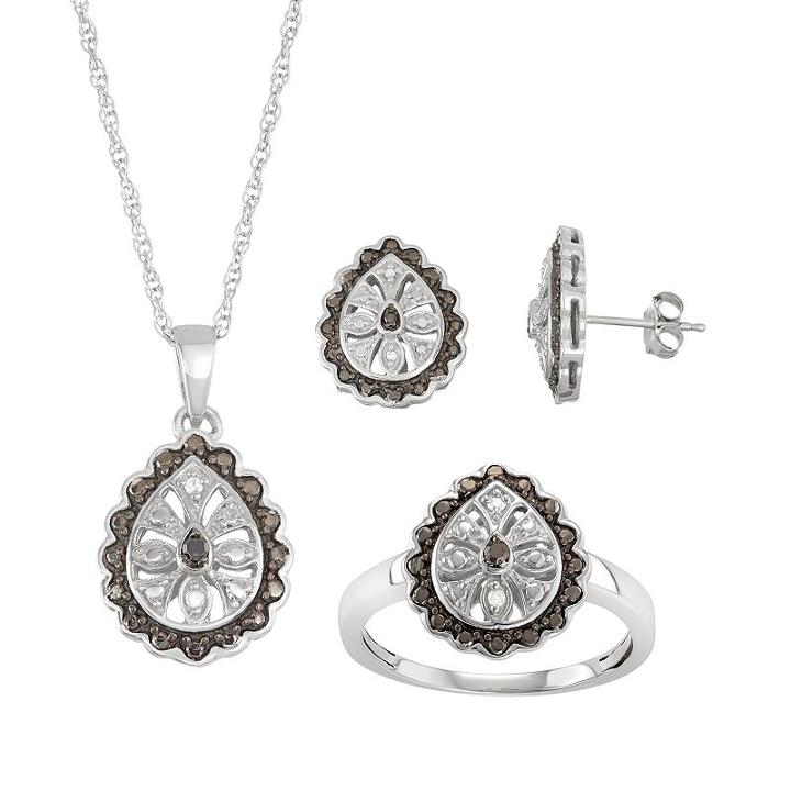 Sterling Silver 1/10 Carat T.w. Black & White Diamond Flower Teardrop Jewelry Set, Women's, Size: 6