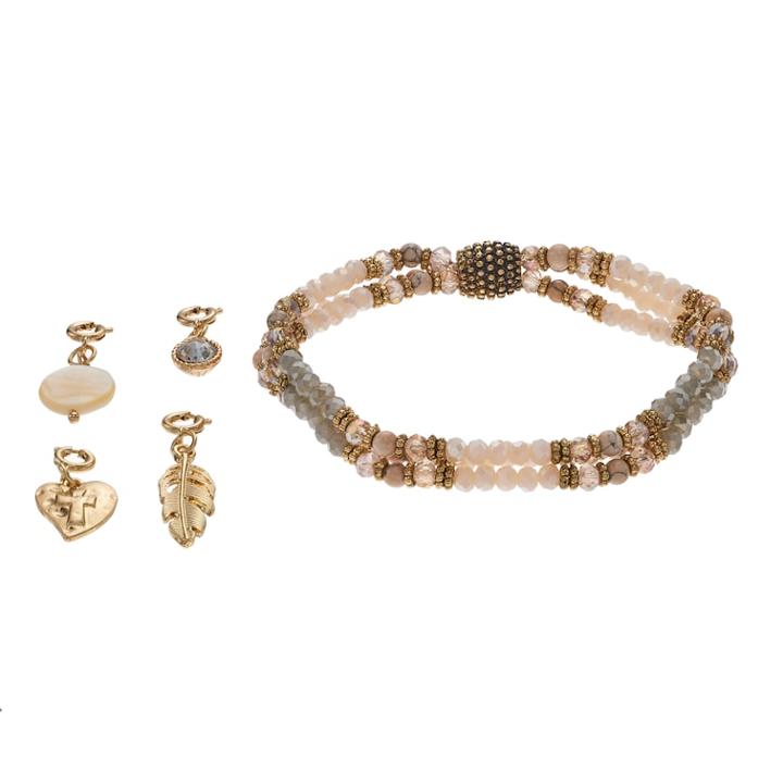 Believe In Cross Heart & Feather Charm Stretch Bracelet Set, Women's, Multicolor