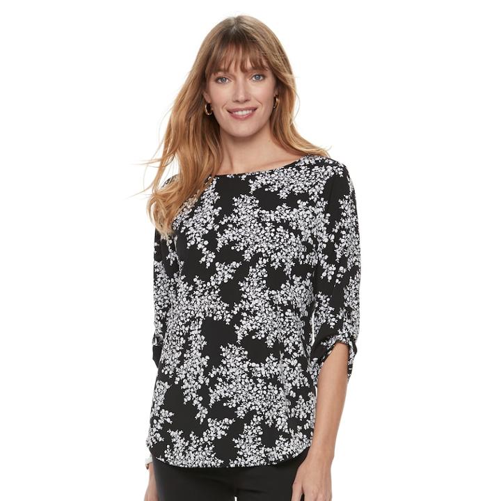 Women's Croft & Barrow® Print Roll-tab Top, Size: Medium, Black