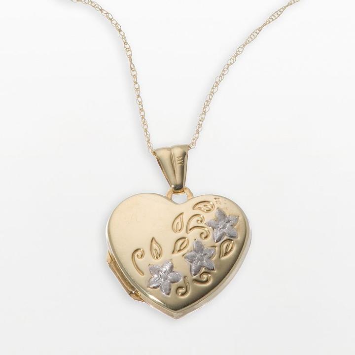 18k Gold Two Tone Heart And Flower Locket, Women's, Size: 18, Yellow