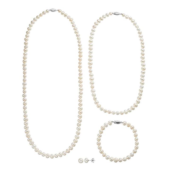 Freshwater Cultured Pearl Necklace, Bracelet & Stud Earring Set, Women's, Size: 24, White